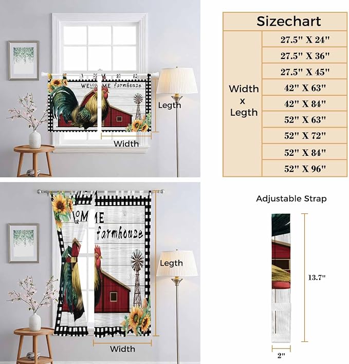 Farmhouse Rooster Bathroom Curtains 63 Inch Length, Window Curtains Tab Top - Image 8