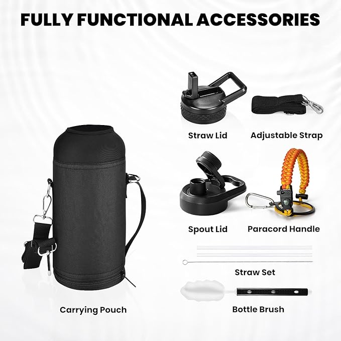Insulated Water Bottle 32 oz, Triple Wall Vacuum Stainless Steel (Cold for 48 Hrs), Leak Proof & Non-BPA, Modern Water Flask Jug with Paracord Handle & Straw Spout Lids, Ombre Orange-FlexoryFit