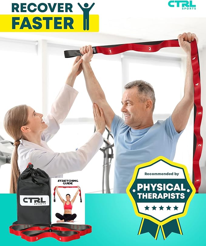 Stretching Strap with Loops - Non Elastic Stretch Band for Physical Therapy, Yoga Strap for Stretching Equipment, Stretch Bands for Exercise and Flexibility - Fascia, Hamstring & Leg Stretcher Belt-FlexoryFit