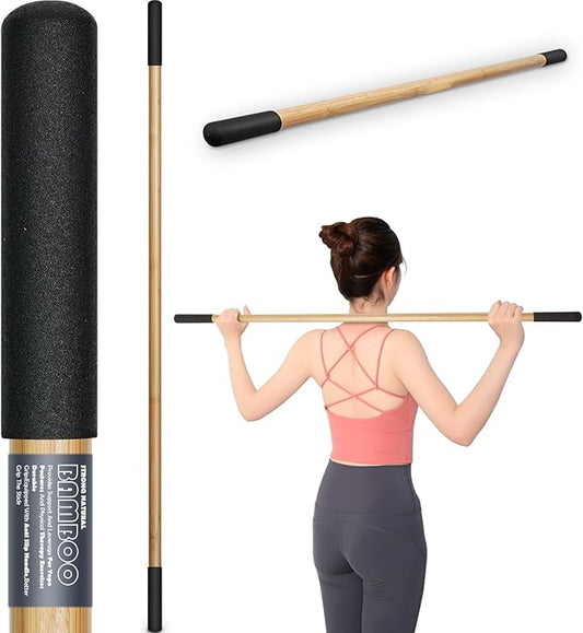 Bamboo Stretch Yoga Stick, 5ft/149 cm, Flexibility Stick for Physical Therapy, Premium Yoga Dowel with Super Sturdy Rubber Handle Ends, Exercise Bar for Posture Corrector-FlexoryFit