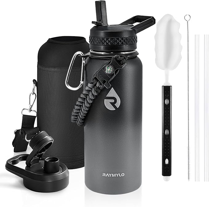 Insulated Water Bottle 32 oz, Triple Wall Vacuum Stainless Steel (Cold for 48 Hrs), Leak Proof & Non-BPA, Modern Water Flask Jug with Paracord Handle & Straw Spout Lids, Dark Grey-FlexoryFit