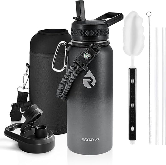 Insulated Water Bottle 32 oz, Triple Wall Vacuum Stainless Steel (Cold for 48 Hrs), Leak Proof & Non-BPA, Modern Water Flask Jug with Paracord Handle & Straw Spout Lids, Dark Grey-FlexoryFit