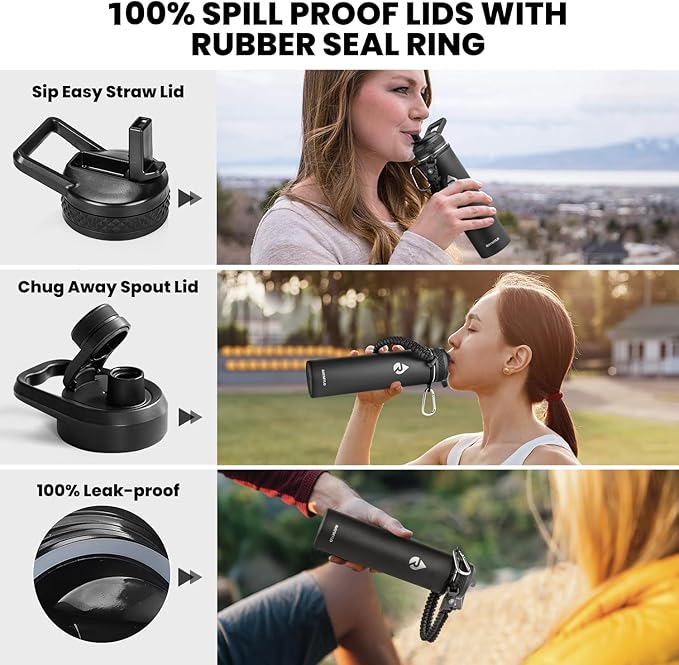 Insulated Water Bottle 24oz, Triple Wall Vacuum Stainless Steel (Cold for 48 Hrs, Hot for 24Hrs), Leak Proof & Non-BPA, 24oz Hydro Water Flask with Paracord Handle & Straw Spout Lids-FlexoryFit