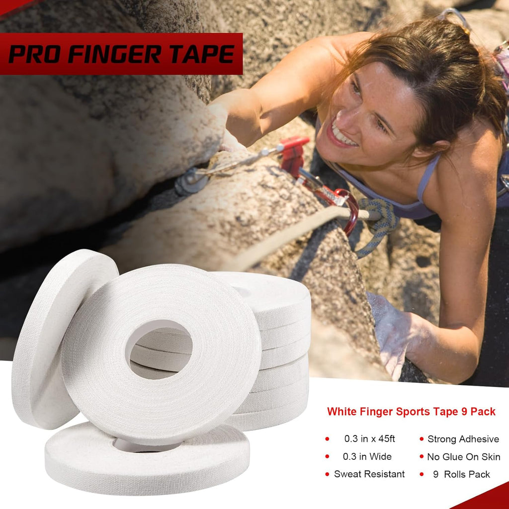 Pro Finger Tape 9 Pack - 0.3” x 45 Ft White Athletic Sports Tape for Rock Climbing,BJJ,Jiu-Jitsu,Wrestling,Judo