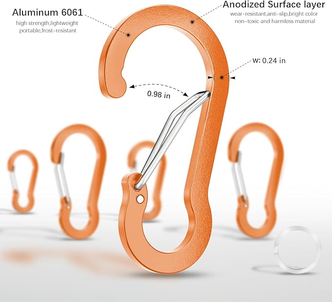 sprookber 3.2 Inch Aluminum Carabiner Clips D Ring, Caribeaner Spring Snap Hook with Keychain for Camping, Hiking, Gym & Outdoor Gear, Set of 10