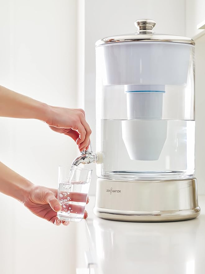 ZeroWater 40-Cup Ready-Pour 5-Stage Round Glass Water Filter Dispenser with 5-Stage 0 TDS Water Filter – IAPMO Certified to Reduce Lead, Chromium, and PFOA/PFOS