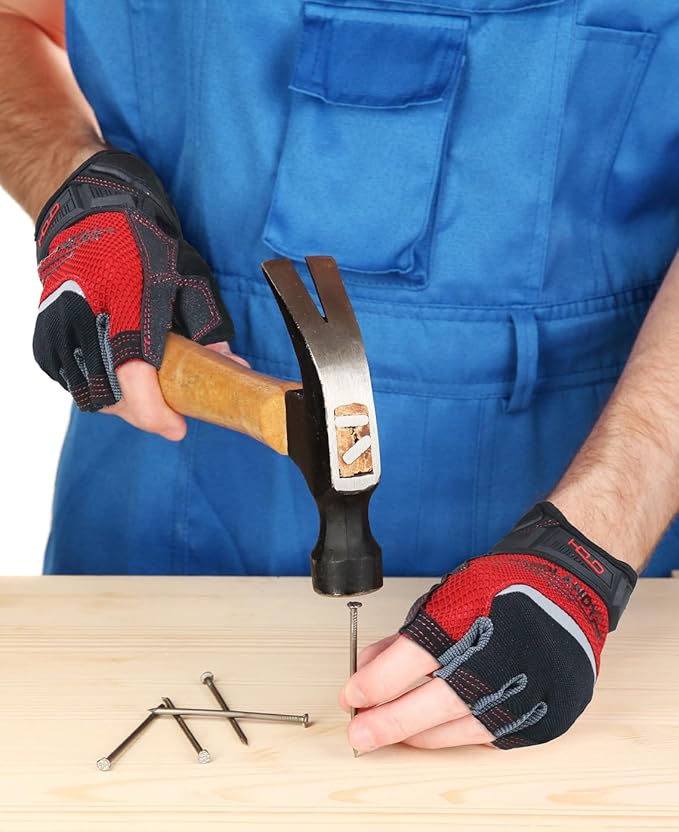 'HANDLANDY Fingerless Work Gloves for Men and Women Utility Padded Half Finger Driving Working Gloves (Small, Red)-FlexoryFit
