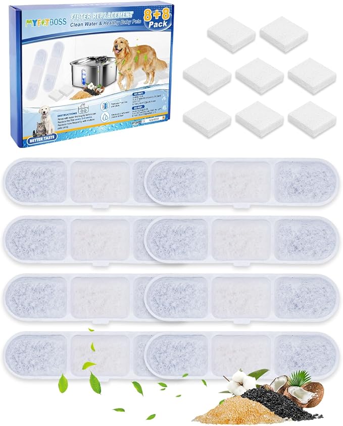 8+8 Pack Dog Water Fountain Replacement Filters Compatible with MAILOFY Dogs Water Bowl Dispenser WF530 9L/2.4GaL, Large Dog Fountain Bowl Filter for Automatic Stainless Steel Pet Fountains