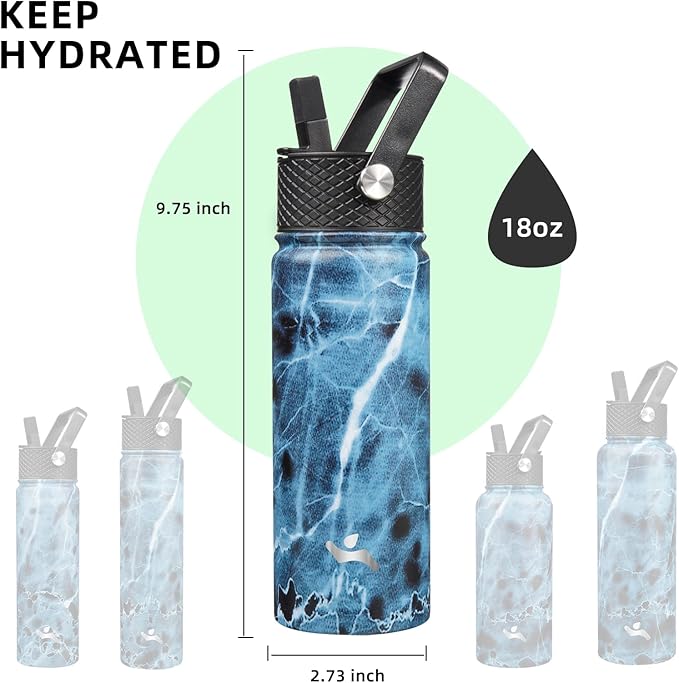 18 oz Insulated Water Bottle Stainless Steel Sport Bottles with 3 Lids,Marble Ocean-FlexoryFit