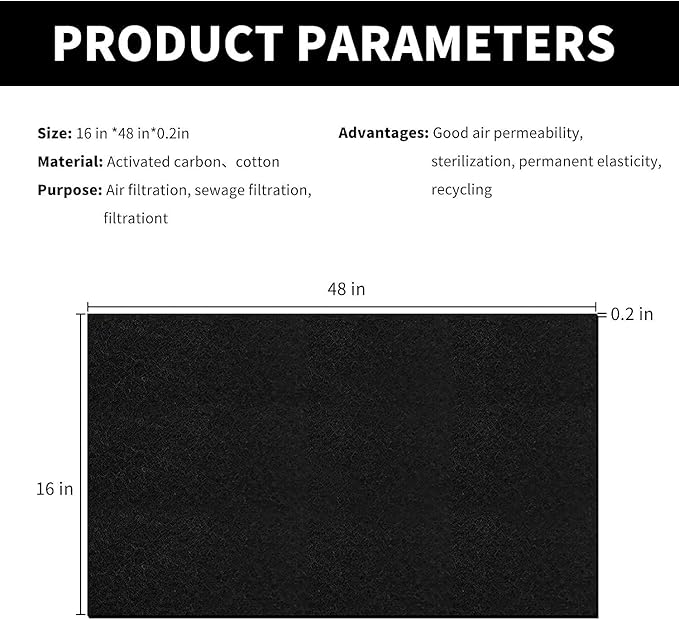 Cut-to-Fit Activated Carbon Filter Sheet Charcoal Air Vent Filters Pad Black Range Hood AC Replacement Fabric Filter 1 Pack 16" x 48" x 0.2"