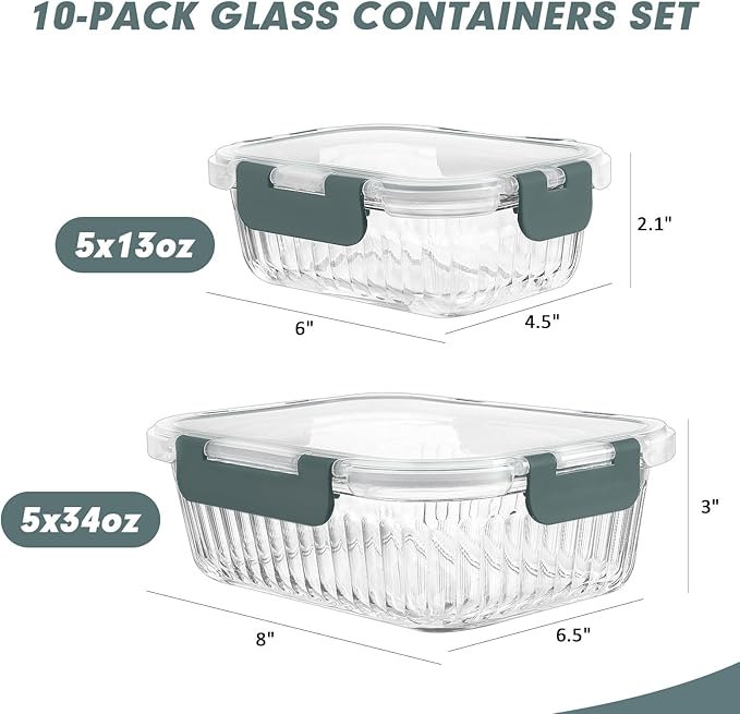 10 Packs Glass Meal Prep Containers with Lids, Glass Food Storage Containers Set, Airtight Lunch Containers, Microwave, Oven, Freezer and Dishwasher Safe, Gray-FlexoryFit