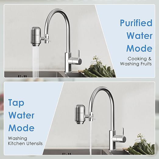 Faucet Water Filter for Sink, Rapid Flow - 400 Gallons Faucet Mount Water Filtration System for Tap Water, NSF Certified Reduces Chlorine (Grey-T2-2 Filter)