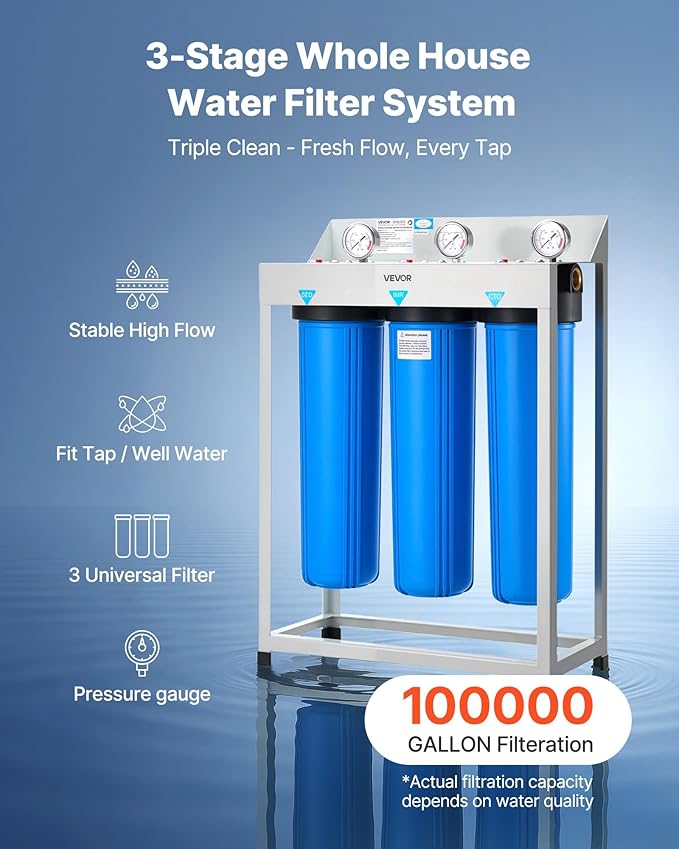 VEVOR Whole House Water Filter System, 3-Stage | Sediment, IMR, CTO | 4.5" x 20" Home Water Purifier Filter Reduce Iron, Manganese, Chlorine, Bad Taste, Odor, Rust