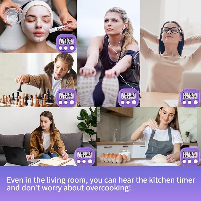 12 Pack Digital Kitchen Timer Magnetic Digital Timer with Big Display Loud Ring Cooking Timers for Kitchen Electronic Timer for Cooking, Bathing, Gym, Break Time, Classroom(12,White,Blue,Purple)-FlexoryFit
