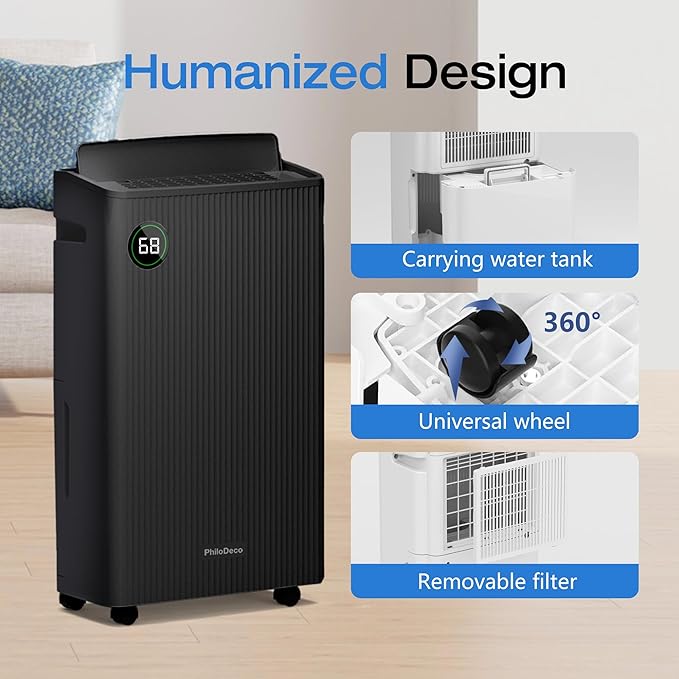 PHILODECO 80 Pint 4500 Sq.Ft with Drain Hose, Automatic Defrosting, Intelligent Humidity Control with 24HR Timer, Smart Quiet Dehumidifier, for Basement, Bathroom, Bedroom, Home, Black
