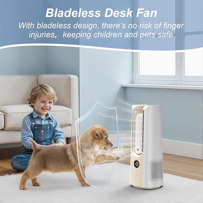 Desk Fans Small Quiet with Humidifier, 14 Inch Bladeless Desk Fan with 9 Speed Adjustment, 60° Oscillating, 8 H Timer, 2 Modes Desktop Cooling Fan for Bedroom, Office, Nightstand, Sleep, White