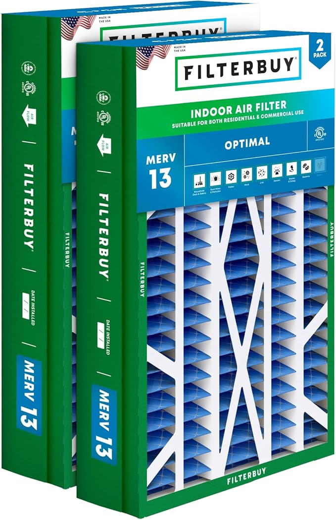 Filterbuy 14.5x27x5 Air Filter MERV 13 Optimal Defense (2-Pack), Pleated HVAC AC Furnace Air Filters for Trane, American Standard, Honeywell, and Accumulair (Actual Size: 14.06 x 26.13 x 4.97 Inches)