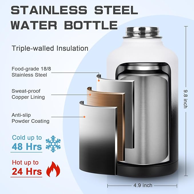 Insulated Water Bottle 64 oz, Half Gallon Water Jug Cold 48H, BPA Free Stainless Steel Bottles with Straw/Chug 2-in-1 Lid, Bag, Paracord Handle, Silicone Boot, Sports Gym School Metal Flask-FlexoryFit