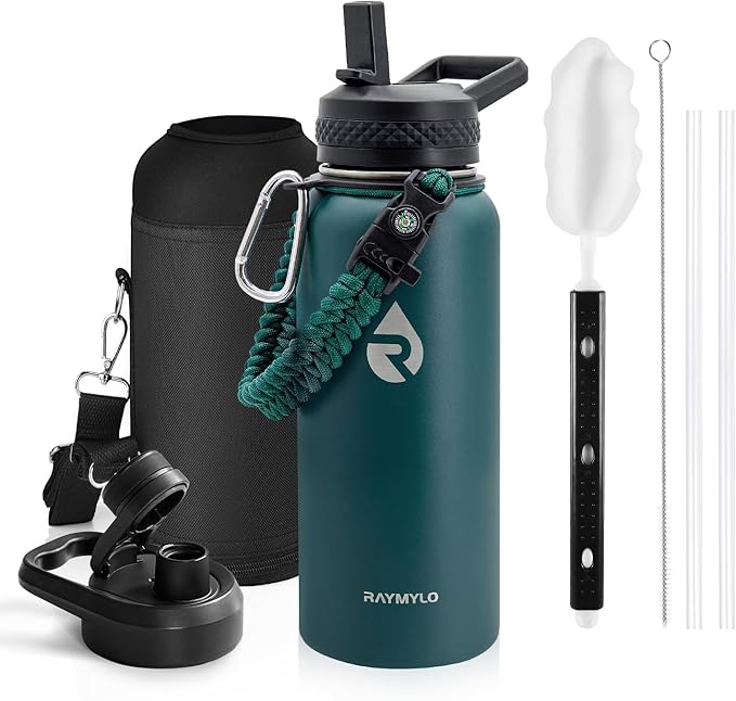 Insulated Water Bottle 32 oz, Triple Wall Vacuum Stainless Steel (Cold for 48 Hrs), Leak Proof & Non-BPA, Modern Water Flask Jug with Paracord Handle & Straw Spout Lids, Dark Green-FlexoryFit