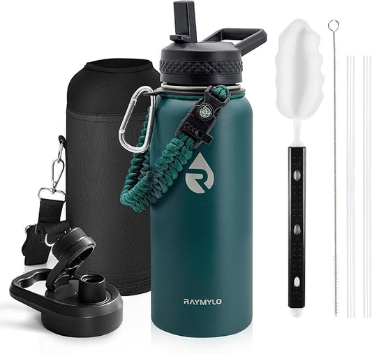 Insulated Water Bottle 32 oz, Triple Wall Vacuum Stainless Steel (Cold for 48 Hrs), Leak Proof & Non-BPA, Modern Water Flask Jug with Paracord Handle & Straw Spout Lids, Dark Green-FlexoryFit