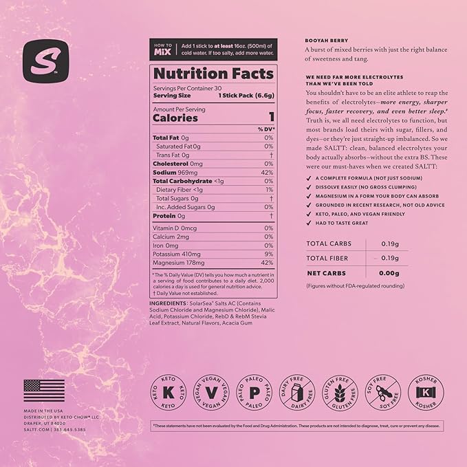 Keto Chow SALTT Electrolytes Powder Packets, Booyah Berry (30 Hydration Packets) - Magnesium, Potassium, Sodium, Trace Minerals - Vegan, Sugar Free, Gluten Free - Travel Essentials - Made in USA-FlexoryFit