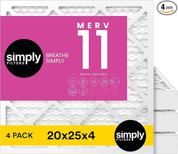 Simply 20x25x4 Air Filter, MERV 11, MPR 1000, 4 Pack, Furnace Air Filter for HVAC (Actual Size:19.5"x24.5"x3.63") DUST, Pet, & Allergy Control