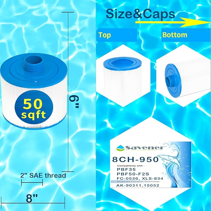 8CH-950 Spa Filter Cartridge with 2" SAE Thread Replacement for PBF35, PBF50-F2S, 10-2785 Bullfrog Spa Filter, 8CH-950, FC-0536, XLS-834, 15052, AK-90311, 80503, 50 sq.ft. 1 Pack