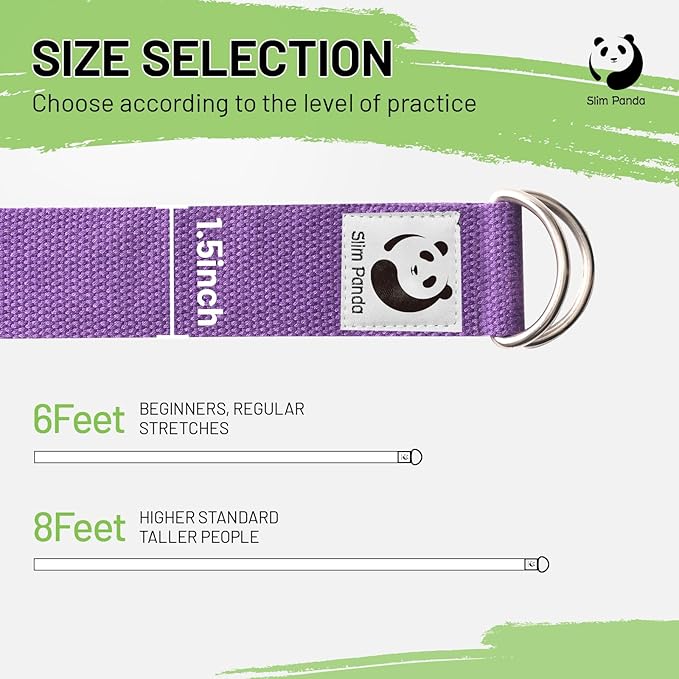 Slim Panda Yoga Strap for Stretching,Cotton Yoga Strap with Adjustable D-Ring Buckle,Non-Elastic Yoga Belt for Pilates,Gym Workouts,Physical Therapy,Improve Flexibility-FlexoryFit