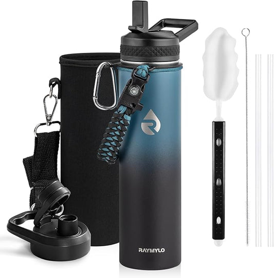 Insulated Water Bottle 24oz, Triple Wall Vacuum Stainless Steel (Cold for 48 Hrs, Hot for 24Hrs), Leak Proof & Non-BPA, 24oz Hydro Water Flask with Paracord Handle & Straw Spout Lids-FlexoryFit