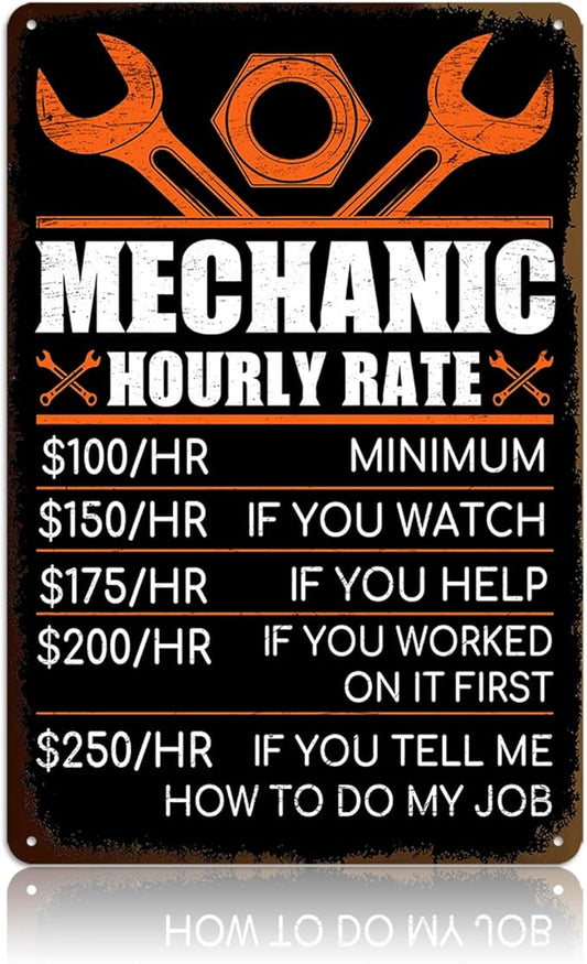 Mechanic Gifts for Men - Garage Metal Tin Signs Vintage Car Shop Accessories Decor Mechanic Hourly Rate Metal Sign 8x12 Inch-FlexoryFit