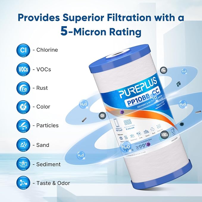 PUREPLUS 5 Micron 10" x 4.5" FXHTC Whole House Sediment and Carbon Water Filter - Image 5