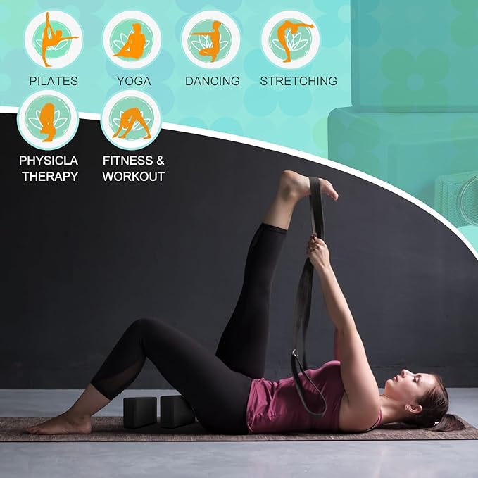 Meooeck 18 Pcs Yoga Block and Strap Set 9 x 6 x 3 Inch EVA Foam Non Slip Brick 8 ft Yoga Straps for Stretching D Ring Design for Back to School Pilates Fitness Workout Exercise-FlexoryFit