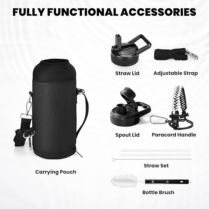 Insulated Water Bottle 32 oz, Triple Wall Vacuum Stainless Steel (Cold for 48 Hrs), Leak Proof & Non-BPA, Modern Water Flask Jug with Paracord Handle & Straw Spout Lids, Ombre: White/Black-FlexoryFit