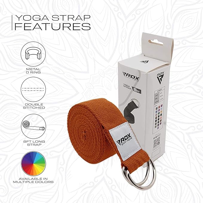RDX 8ft Yoga Strap with D-Ring Buckle, Durable Polyester Cotton Adjustable Belts for Stretching Pilates Dance Gymnastics General Fitness Holding Poses Flexibility Physical Therapy, Home Gym Workout-FlexoryFit