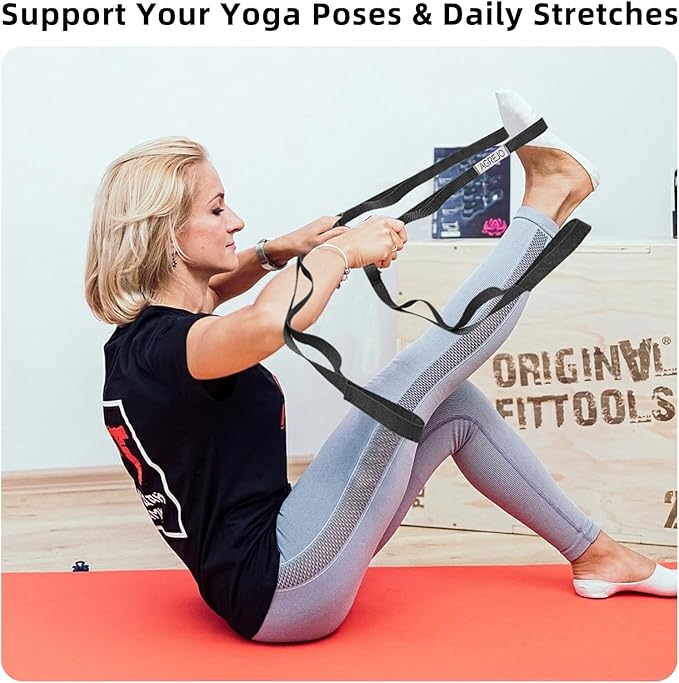 Stretching Strap Yoga Strap Physical Therapy for Home Workout, 10 Loops Non-Elastic Stretch Band for Pilates, Flexibility, Exercise and Gymnastics-FlexoryFit