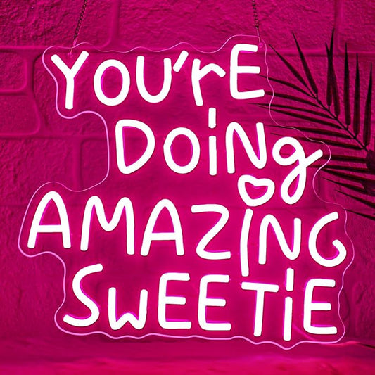 You're Doing Amazing Sweetie Neon Sign,Pink Led Neon Signs for Wall Decor,Dimmable Inspirational Letter Neon Lights USB Amazing Light Up Signs for Bedroom Classroom Party,Gift for Boys Girls