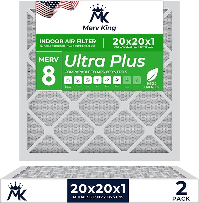 MervKing 20x20x1 Air Filter Actual Size: 19.7" x 19.7" x 0.75" MERV 8 MPR 600-700 | MADE IN USA | 2-Pack | Pleated HVAC AC Furnace Replacement