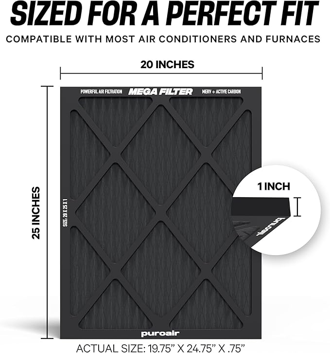 PuroAir Mega Filter - MERV 13 20x25x1 Air Filters For Home With Activated Carbon - Filters Allergens, Pet Dander, Smoke, Dust - Furnace and AC Filters - Air Filters 20x25x1 MERV 13 (2 Pack)