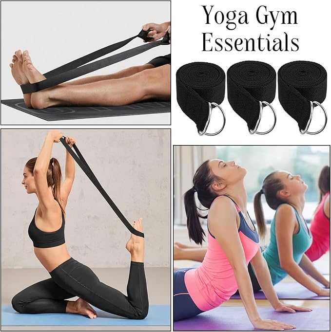 12 Pack Yoga Straps for Stretching, 6 Ft Black Exercise Bands with Adjustable D Ring Buckles for Pilates, Gym Fitness, Flexibility Training, Men Women-FlexoryFit