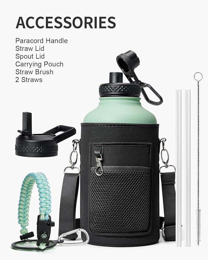 Insulated Water Bottle 64oz,Half Gallon Water Flask Stainless Steel Vacuum, Cold for 48 Hrs,BPA-Free & Leakproof -with Paracord Handle, Strap,Straw Spout Lids,Large Jug for Gym Sports,Green-FlexoryFit