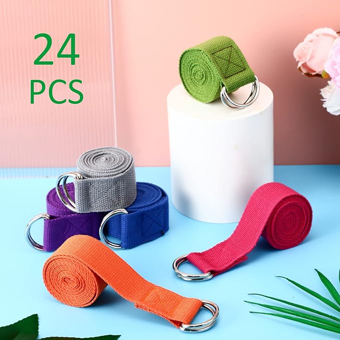 Leyndo 24 Pieces Yoga Strap Stretching Pilates Exercise Adjustable Straps 6 ft Non Elastic Yoga Belt with Adjustable D Ring Buckle for Pilates Gym Workouts Fitness-FlexoryFit