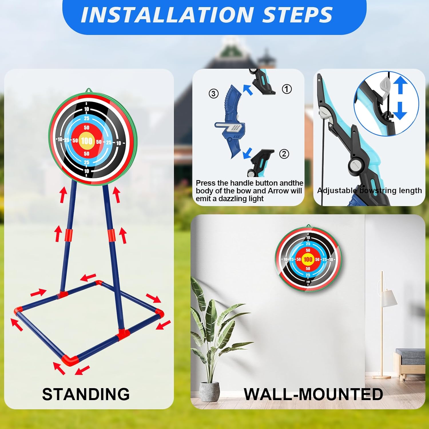 Bow and Arrow Set for Kids 4-12 Years Old, LED Light Up Archery Toy with 20 Suction Cup Arrows and Standing Target, Indoor Outdoor Activity Toys for Ages 4-6 8-13