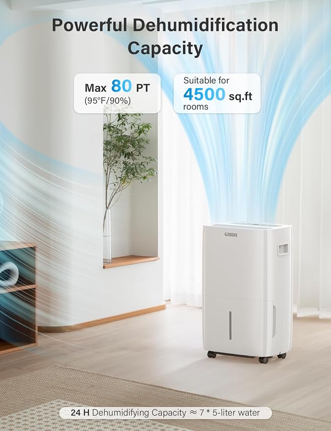 4500 Sq.Ft Energy Star Dehumidifier for Basement with Pump, Max 80 Pint/D(Standard 50Pint/D) Dehumidifier with Drain Hose, 8L Water Tank, Intelligent Humidistat, for Home, Bedroom, Bathroom