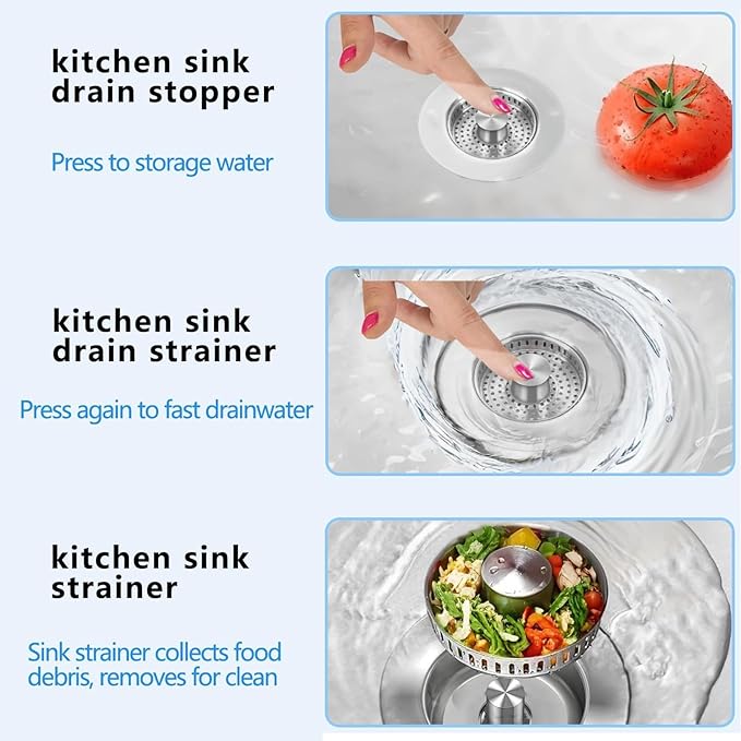 Upgraded 3-in-1 Kitchen Sink Drain Strainer Stopper 2025|Rust-Proof Strainer Basket |Universal Fit for Standard 3.5" Drains |Anti-Clog&Odor Filter |Efficient Drainage (Stainless Steel, 2 PCS)