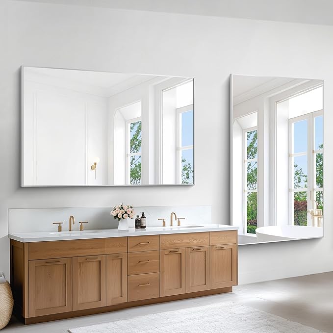 Silver Bathroom Mirror,60x36 inch Wall Mirror for Bathroom Wall Mounted,Large Rectangle Mirror for Bathroom Over Sink,Modern Metal Frame for Living Room,Bedroom Entryway,Horizontal/Vertical