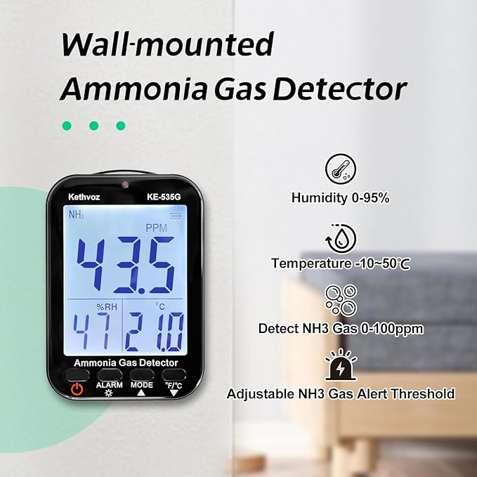 Ammonia Gas Detector NH3 Air Monitor, Kethvoz Ammonia Air Quality Monitor Detect Ammonia Gas 0~100 PPM with Alarm Buzzer, Wall-Mounted Ammonia Sensor 535G Display Humidity,Temperature