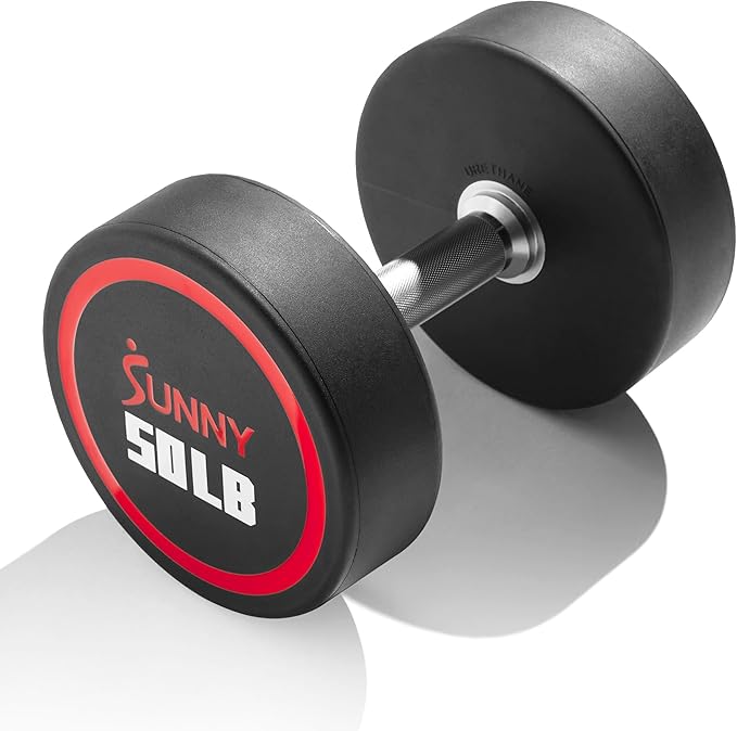 Sunny Health & Fitness Premium Polyurethane Commercial Grade Round Dumbbells with Diamond Knurled Handle, Durable Strength Training Equipment for Home Gym, 5-50LB-FlexoryFit