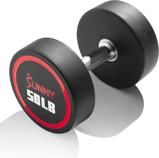 Sunny Health & Fitness Premium Polyurethane Commercial Grade Round Dumbbells with Diamond Knurled Handle, Durable Strength Training Equipment for Home Gym, 5-50LB-FlexoryFit