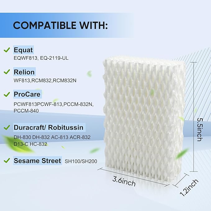 3 Pack Equate Humidifier Filter Replacement for ReliOn WF813 Eqwf813 RCM-832 RCM-832N, ProCare PCWF813 PCWF-813 PCCM-840 PCCM-832N Cool Mist Humidifier Filters