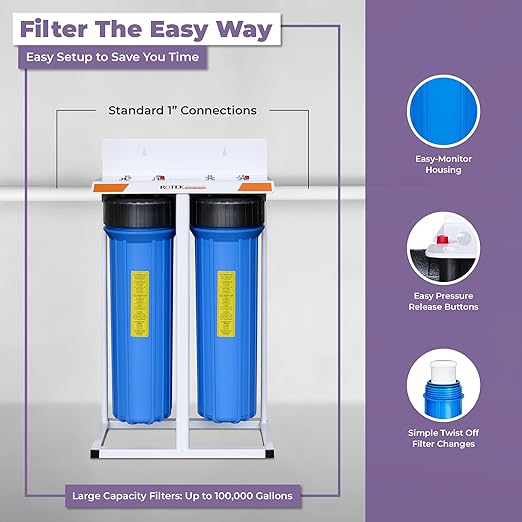 Rotek Water Systems Whole House Water Filtration System | 2-Stage Water Filter System | SED & ACB | Clean Drinking Water | Sediment & Carbon Filter | 20 Inch